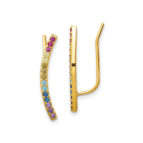 Sterling Silver Ear Climbers with Cubic Zirconia, Gradient Rainbow, Gold Plated Crawler Earrings