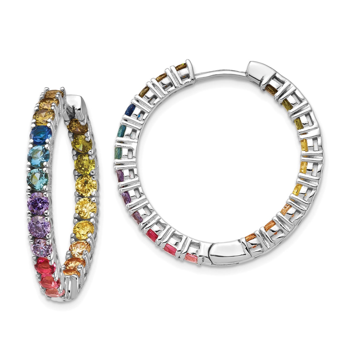 Sterling Silver Hoop Earrings with Multicolor Cubic Zirconia, Rainbow Pride Jewelry for Women