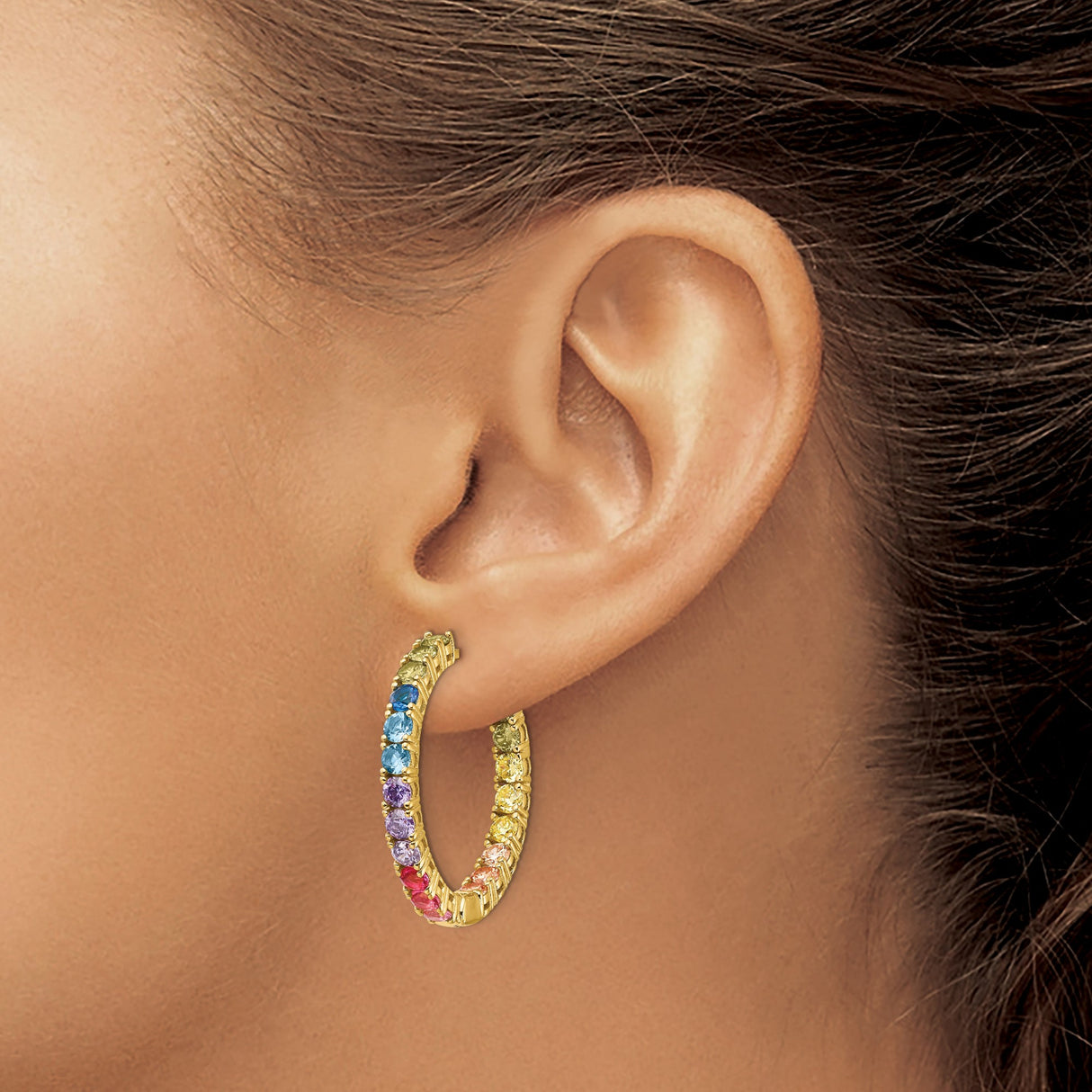Sterling Silver Hoop Earrings with Cubic Zirconia, Rainbow Channel-Set In-Out Design