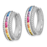 Sterling Silver Hoop Earrings with Rainbow Gemstones and Cubic Zirconia, Rhodium Plated