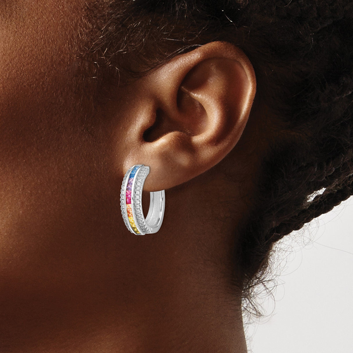 Sterling Silver Hoop Earrings with Rainbow Gemstones and Cubic Zirconia, Rhodium Plated