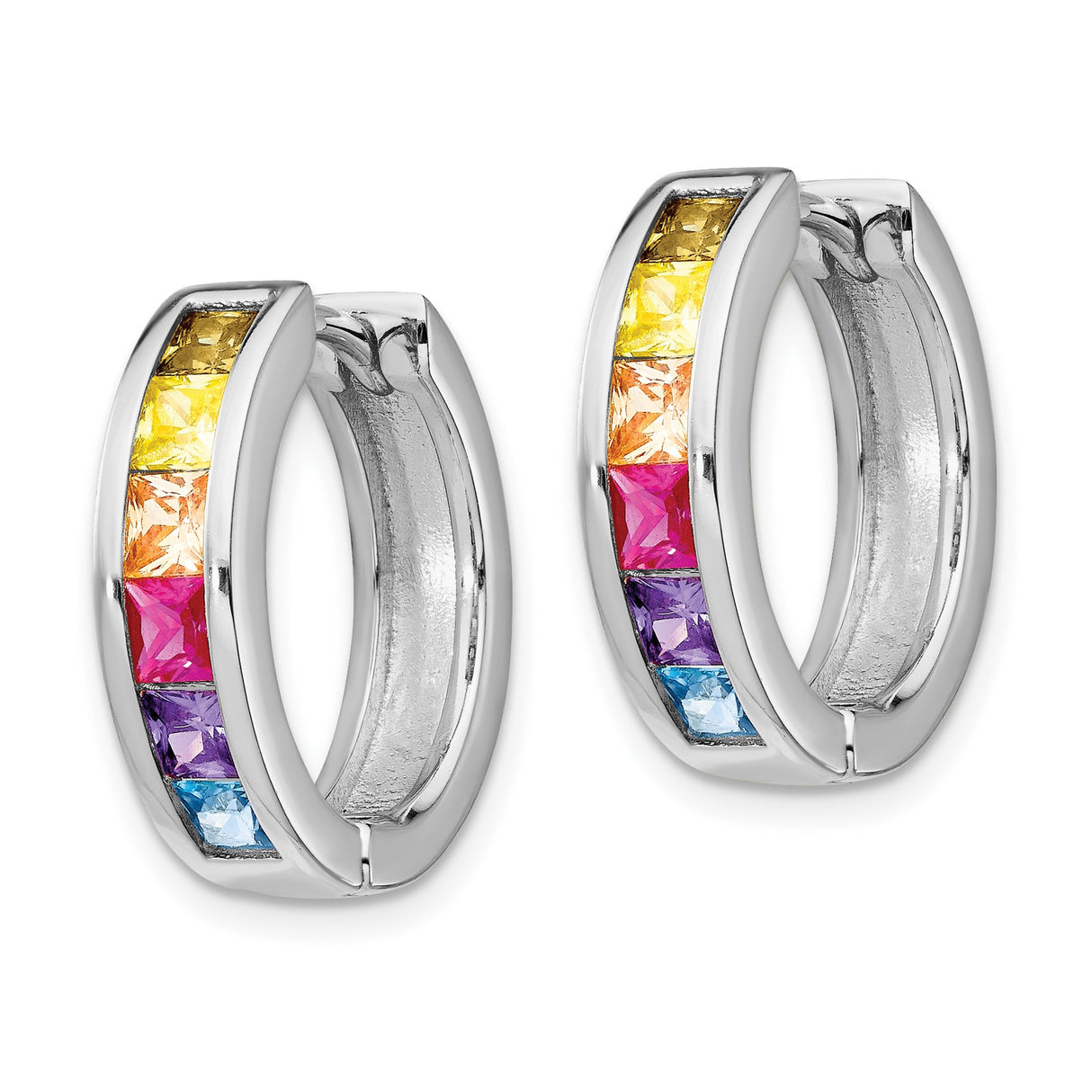 Sterling Silver Hoop Earrings with Cubic Zirconia, Rainbow Channel Set, LGBTQ Pride Jewelry