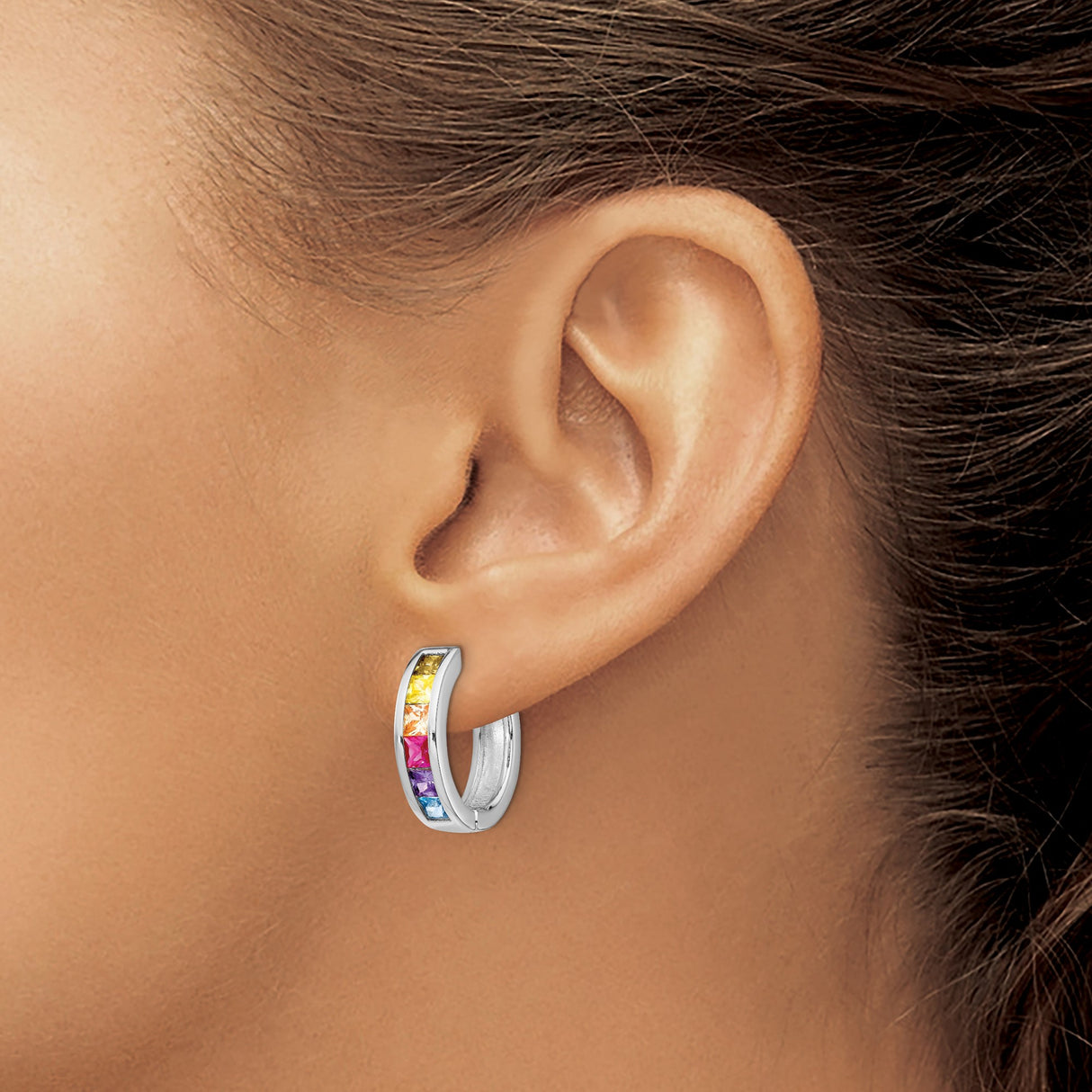 Sterling Silver Hoop Earrings with Cubic Zirconia, Rainbow Channel Set, LGBTQ Pride Jewelry