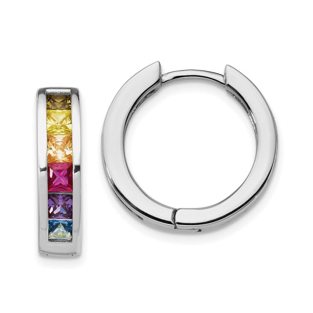 Sterling Silver Hoop Earrings with Cubic Zirconia, Rainbow Channel Set, LGBTQ Pride Jewelry