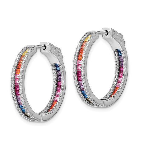 Sterling Silver Hoop Earrings with Double Row Multicolor Cubic Zirconia, Pave Accents