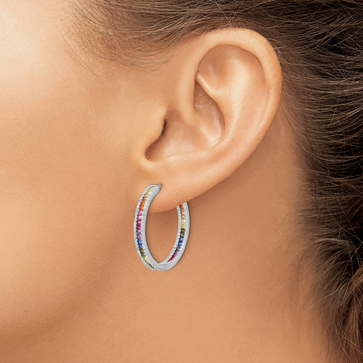 Sterling Silver Hoop Earrings with Baguette Cut Rainbow Cubic Zirconia, Rhodium Plated Pride Jewelry