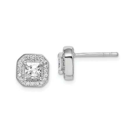 Sterling Silver Square Halo Stud Earrings with Princess Cut Cubic Zirconia