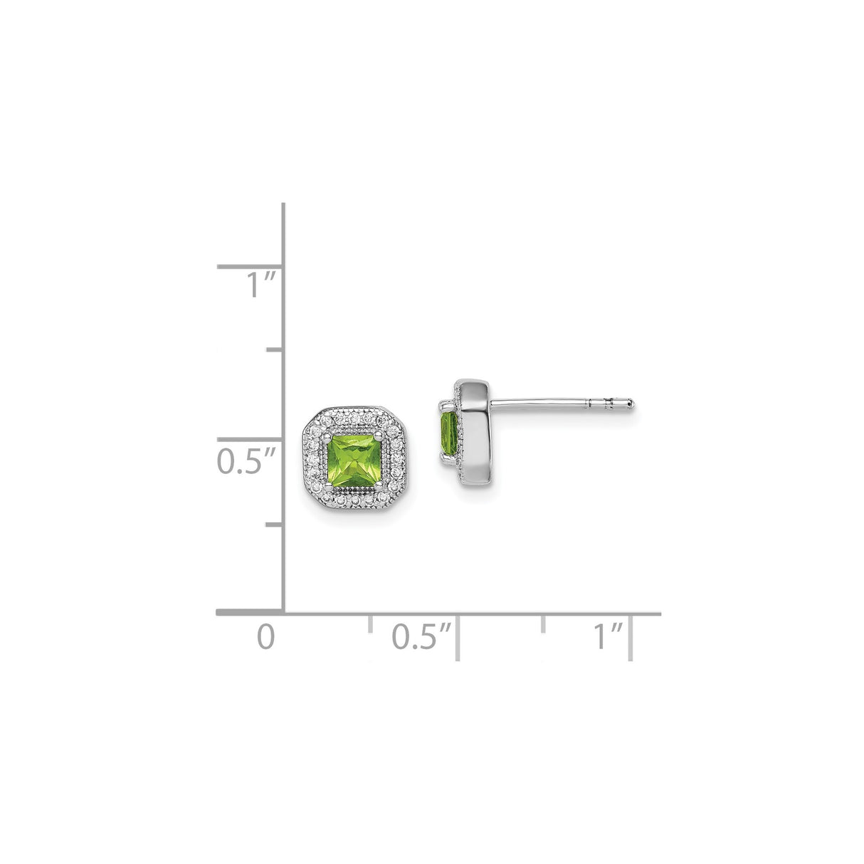 Sterling Silver Stud Earrings with Square Cut Green Peridot and Cubic Zirconia Halo