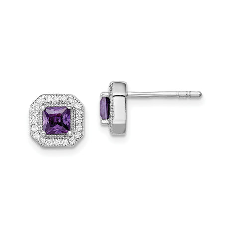Sterling Silver Stud Earrings with Square Cut Amethyst and Clear Cubic Zirconia Accents, Halo Purple Gemstone Studs for Women, Elegant Fashion Jewelry for Formal Evening or Office Wear