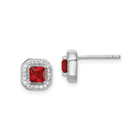 Sterling Silver Stud Earrings with Red Square Gemstone and Cubic Zirconia Halo