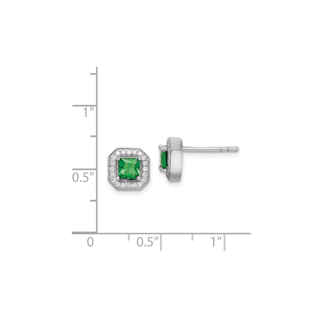 Sterling Silver Stud Earrings with Square Green Gemstone and Halo Cubic Zirconia Setting