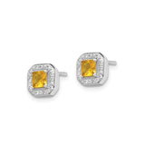 Sterling Silver Stud Earrings with Square Cut Yellow Cubic Zirconia and Halo Design