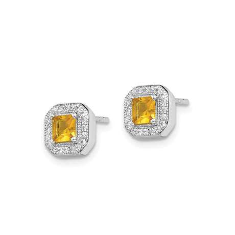 Sterling Silver Stud Earrings with Square Cut Yellow Cubic Zirconia and Halo Design