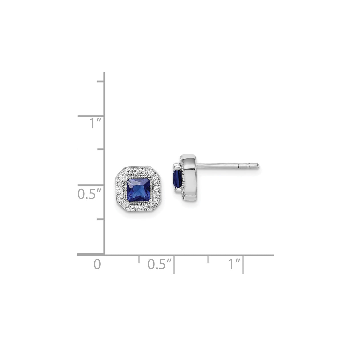 Sterling Silver Stud Earrings with Square Cut Blue Cubic Zirconia and Halo Accents