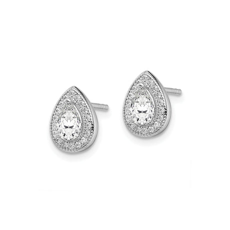 Sterling Silver Teardrop Stud Earrings Pear CZ Center Halo