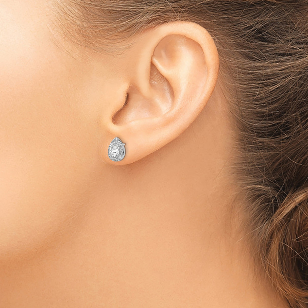 Sterling Silver Teardrop Stud Earrings Pear CZ Center Halo