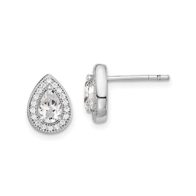 Sterling Silver Teardrop Stud Earrings for Women with Pear Shaped Cubic Zirconia Center and Halo Crystal Accents, Elegant Silver Jewelry for Bridal, Formal, Everyday or Wedding Wear