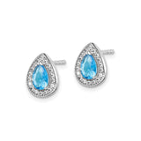 Sterling Silver Pear Shaped Stud Earrings Blue Gem CZ Halo