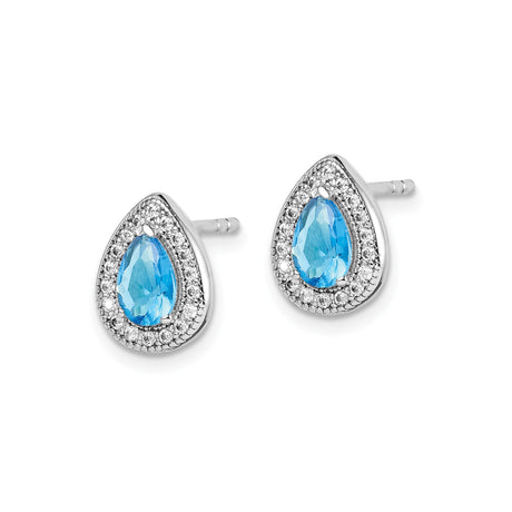 Sterling Silver Pear Shaped Stud Earrings Blue Gem CZ Halo