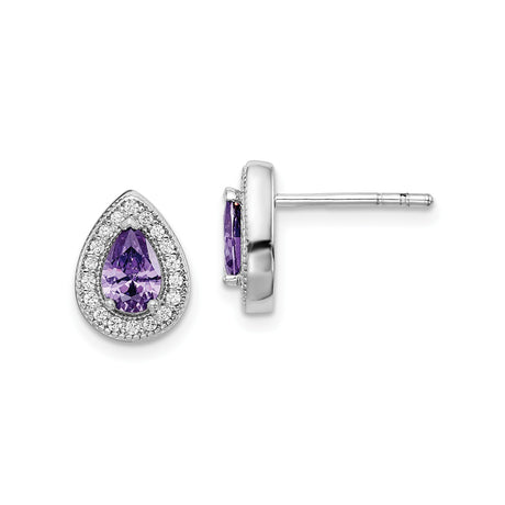 Sterling Silver Teardrop Stud Earrings for Women with Purple Gemstone and Clear Accent CZ, Pear Shaped Halo Earrings, Elegant Daily Jewelry, Formal Wear, February Birthstone, Classic Sophisticated Sty