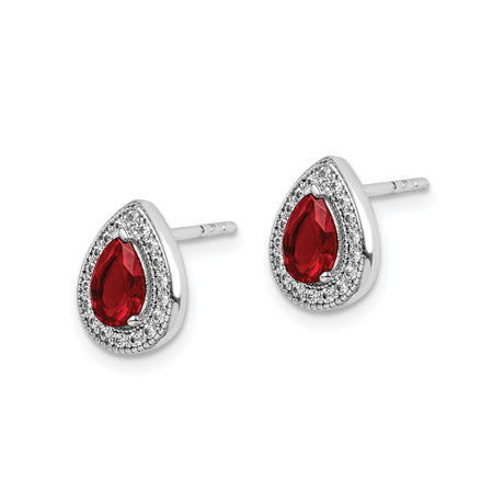 Sterling Silver Teardrop Stud Earrings Red Gemstone Halo