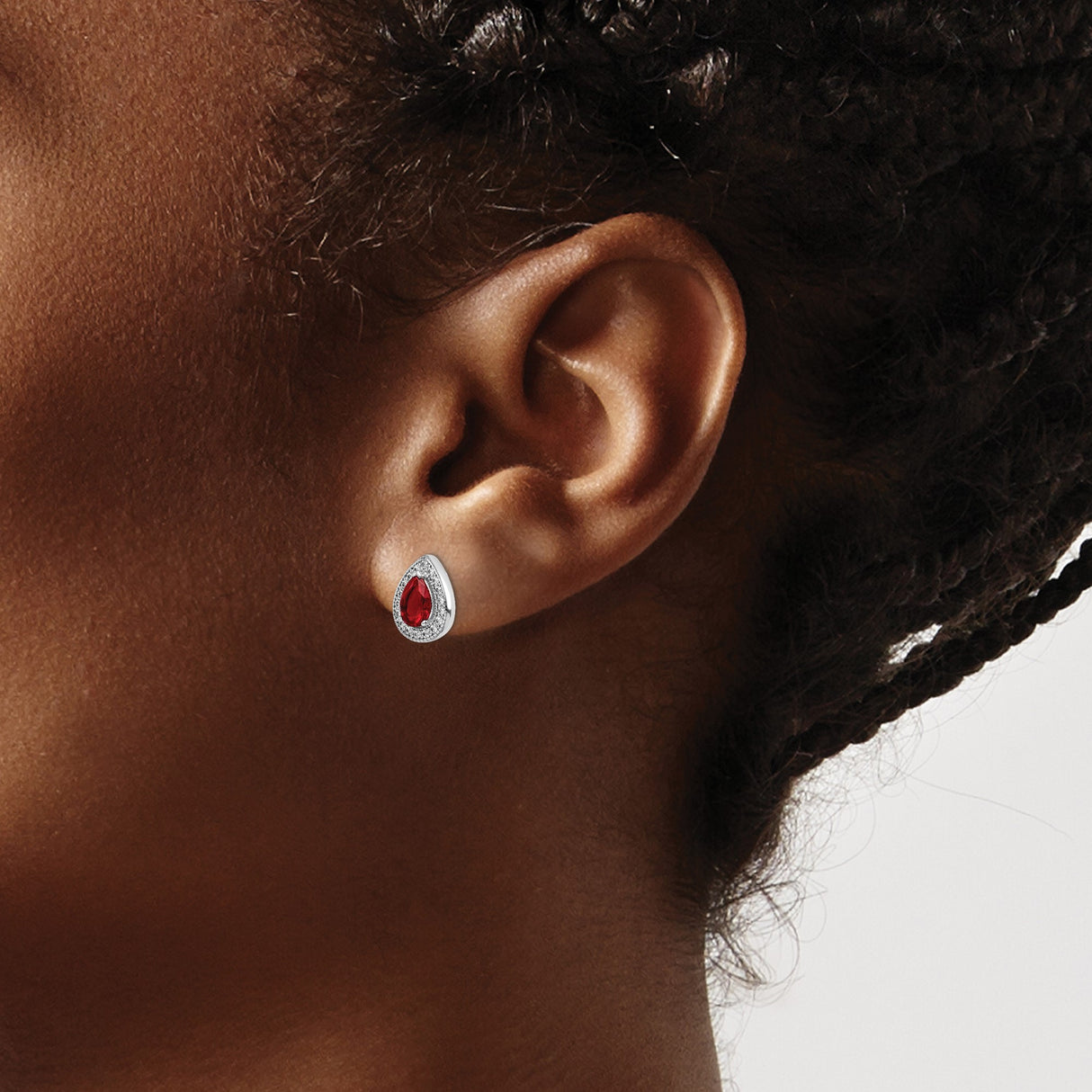 Sterling Silver Teardrop Stud Earrings Red Gemstone Halo