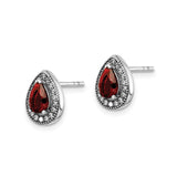 Sterling Silver Teardrop Stud Earrings Red Pear Gem Halo CZ