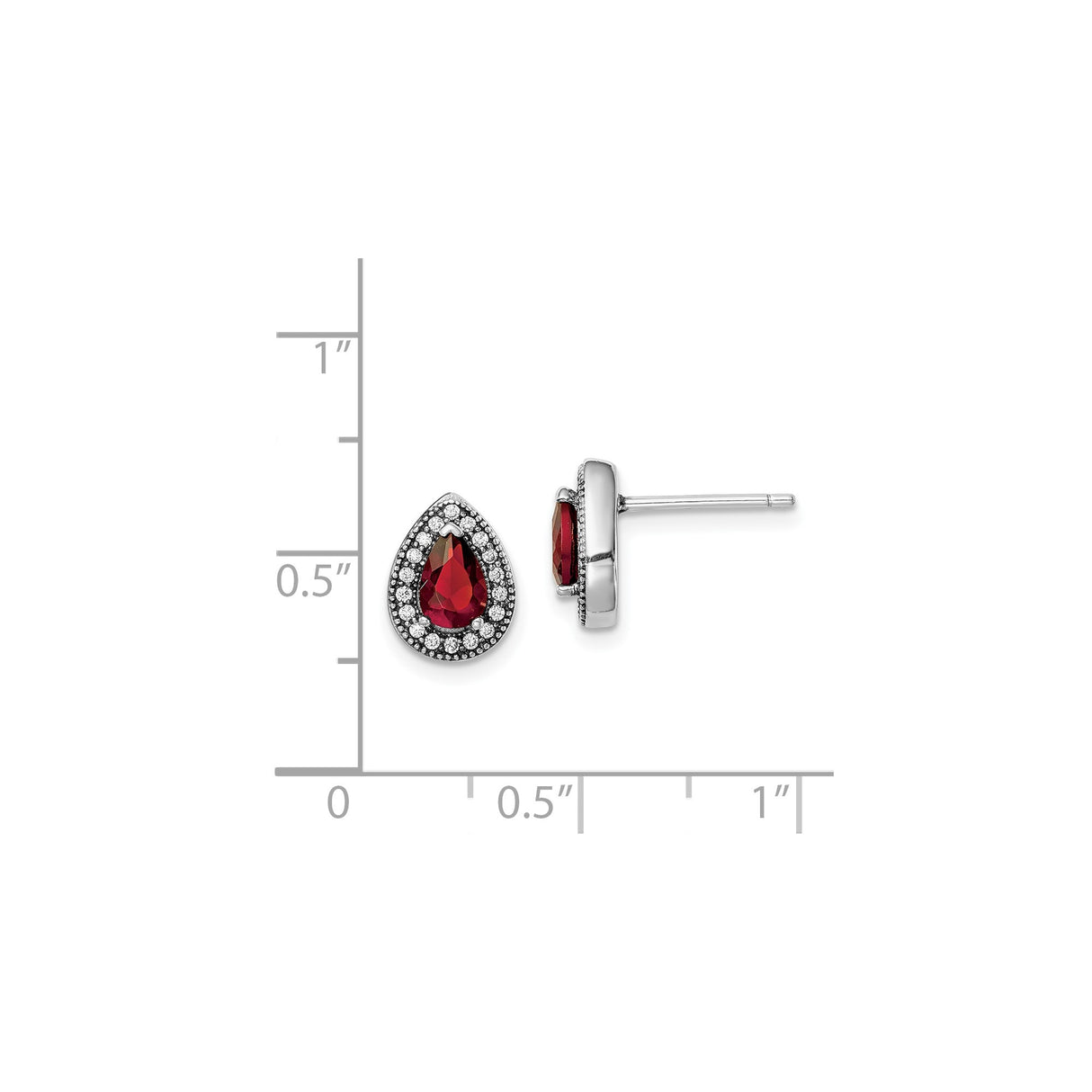 Sterling Silver Teardrop Stud Earrings Red Pear Gem Halo CZ