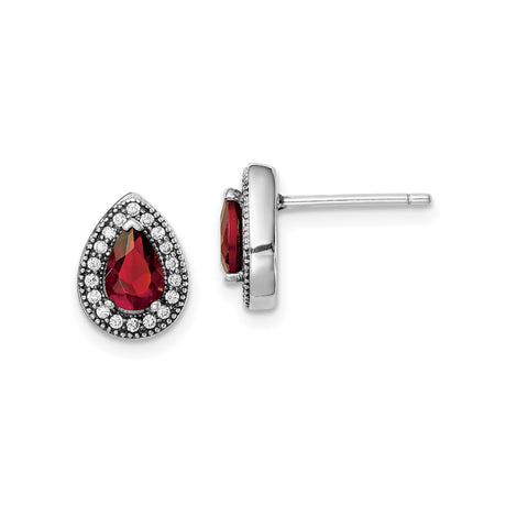 Sterling Silver Teardrop Stud Earrings for Women with Deep Red Pear Gemstone and Halo of Clear Cubic Zirconia, Elegant Evening Jewelry, Romantic Red Earrings, Fine Gemstone Stud Accessories
