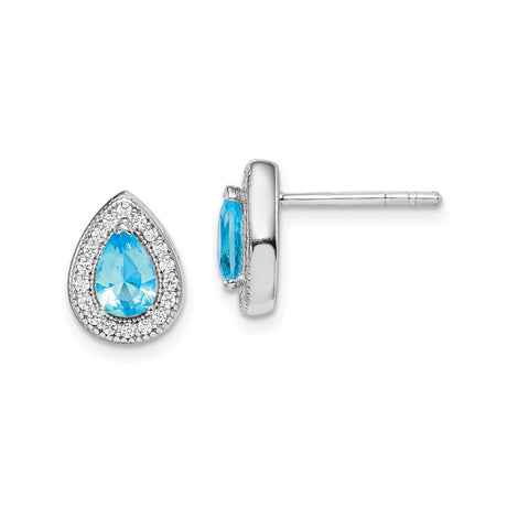 Sterling Silver Teardrop Stud Earrings for Women with Blue Pear Shaped Gemstone Center, Clear Accent Crystals in Halo Setting, Elegant Post Back Studs for Formal or Everyday Pierced Wear