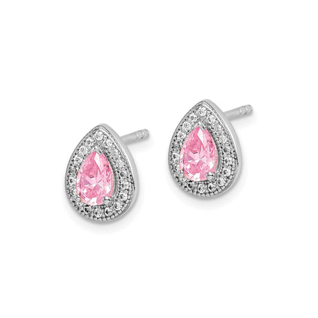 Sterling Silver Teardrop Stud Earrings Pink Pear CZ Accents