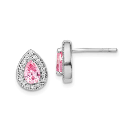 Sterling Silver Teardrop Stud Earrings for Women with Pink Pear Shaped Center Stone and Clear CZ Accents, Elegant Feminine Silver Jewelry for Daily Wear, Bridal or Special Occasion Accessory