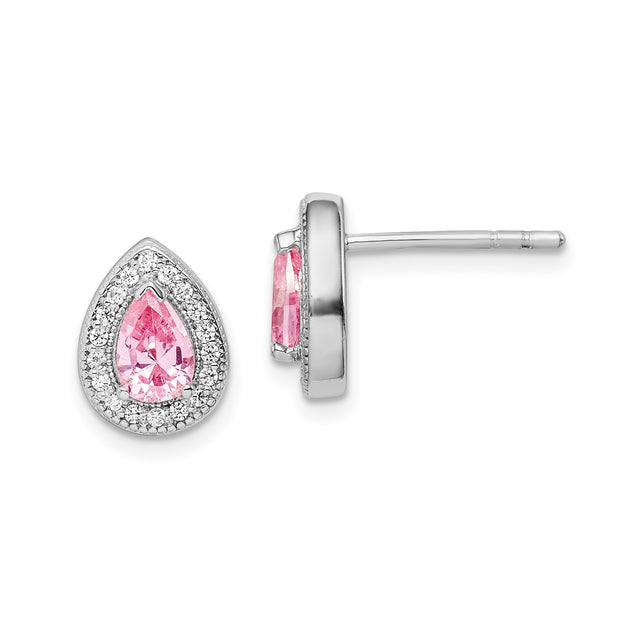 Sterling Silver Teardrop Stud Earrings for Women with Pink Pear Shaped Center Stone and Clear CZ Accents, Elegant Feminine Silver Jewelry for Daily Wear, Bridal or Special Occasion Accessory