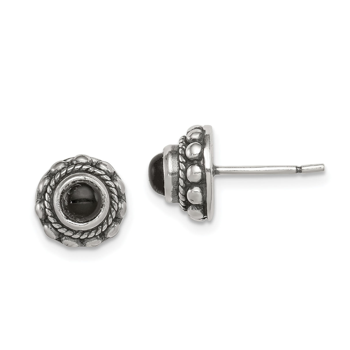 Sterling Silver Stud Earrings with Black Onyx, Beaded Rope Detail, Balinese Boho Style