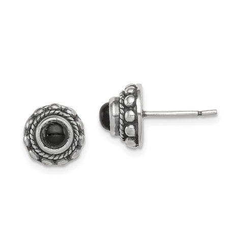 Sterling Silver Stud Earrings with Black Onyx, Beaded Rope Detail, Balinese Boho Style