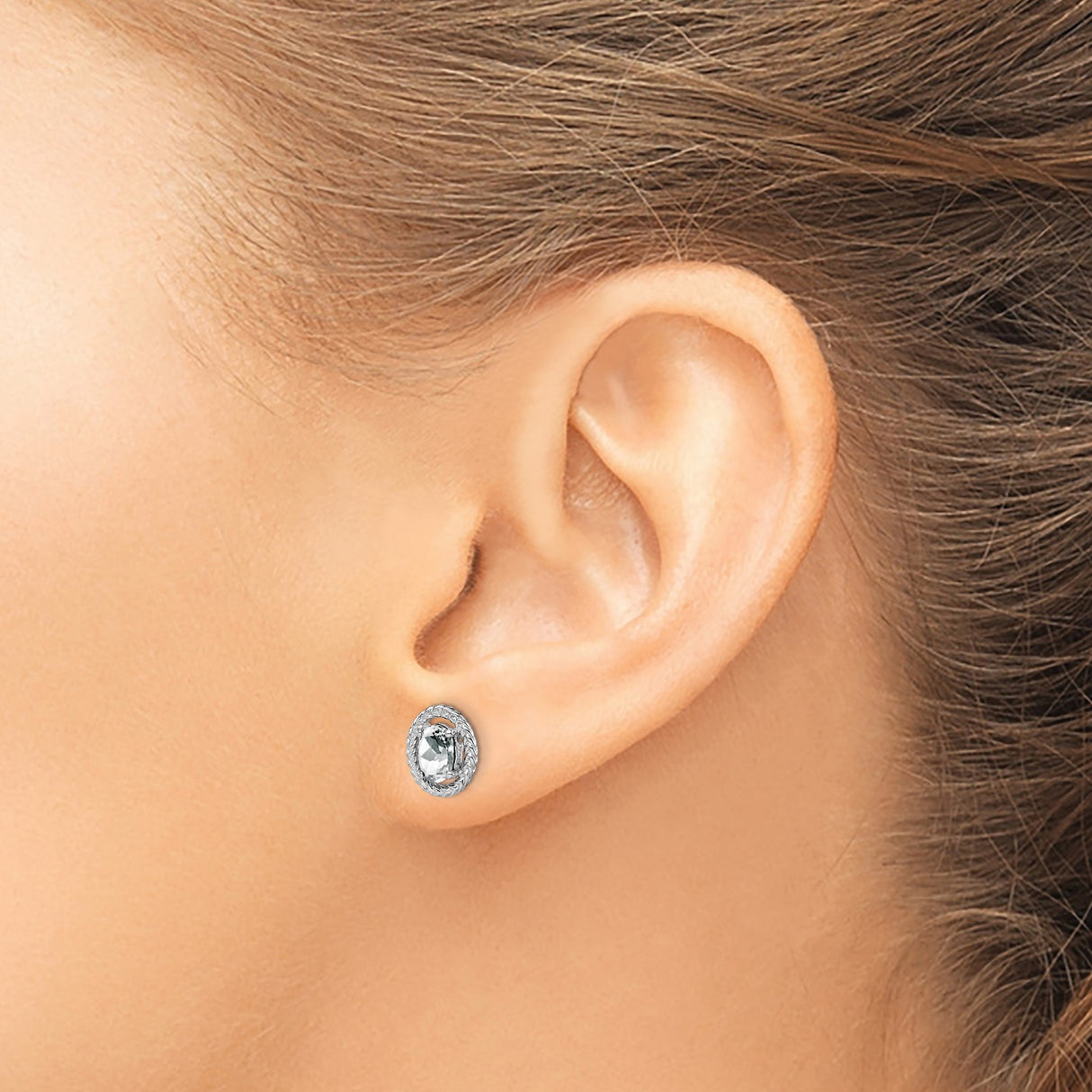 Sterling Silver Oval Stud Earrings with White Topaz in Rope Bezel Setting