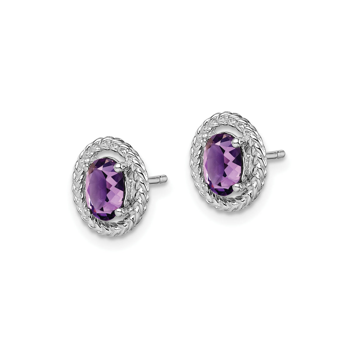 Sterling Silver Stud Earrings with Oval Cut Amethyst in Braided Frame