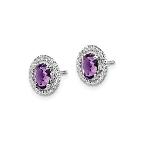 Sterling Silver Stud Earrings with Oval Cut Amethyst in Braided Frame