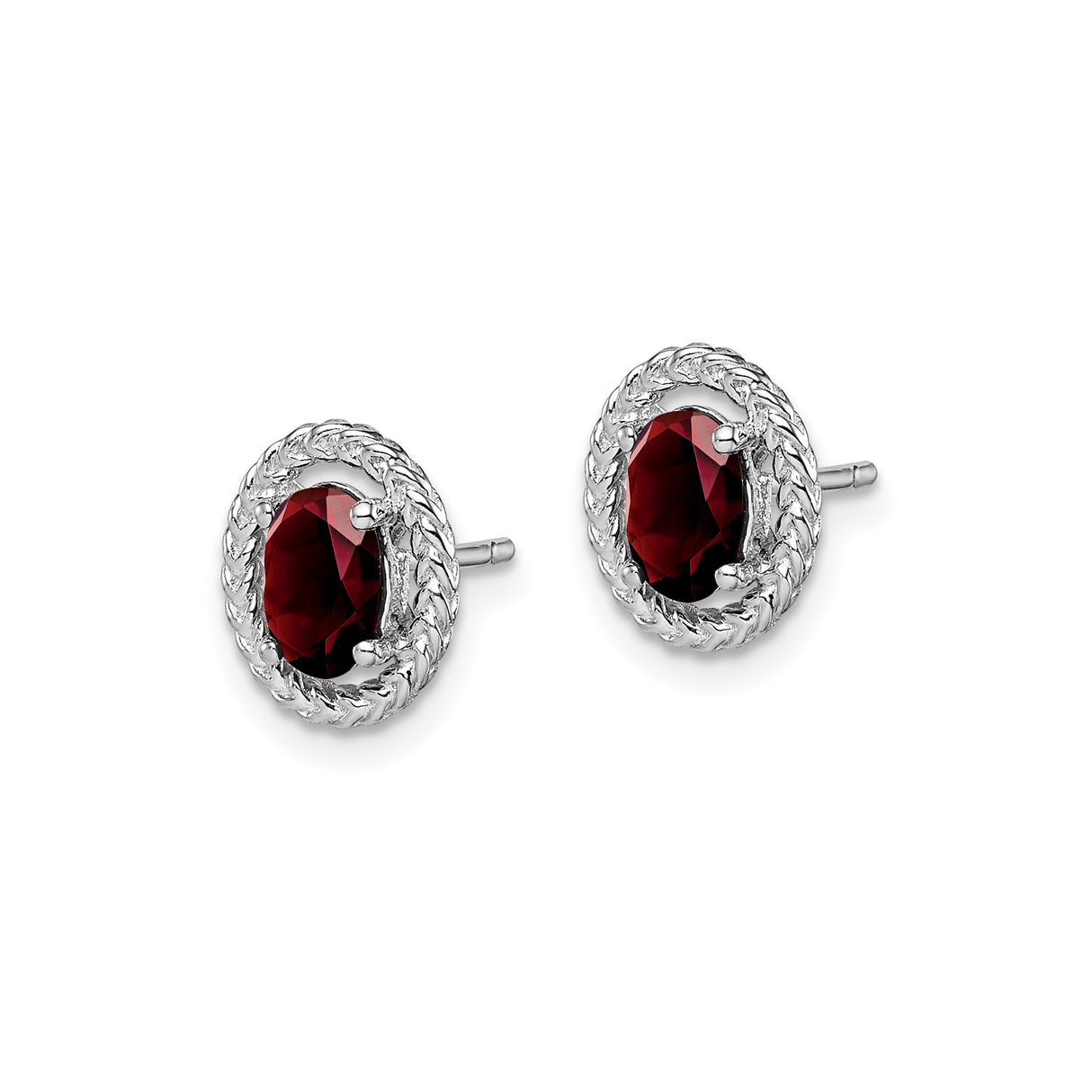 Sterling Silver Stud Earrings with Oval Garnet in Textured Rope Frame