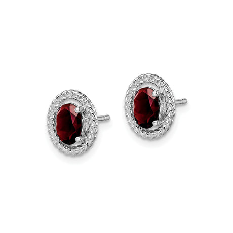 Sterling Silver Stud Earrings with Oval Garnet in Textured Rope Frame