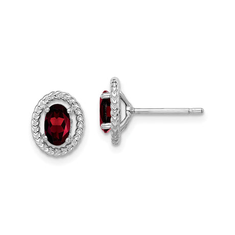 Sterling Silver Stud Earrings with Oval Garnet in Textured Rope Frame