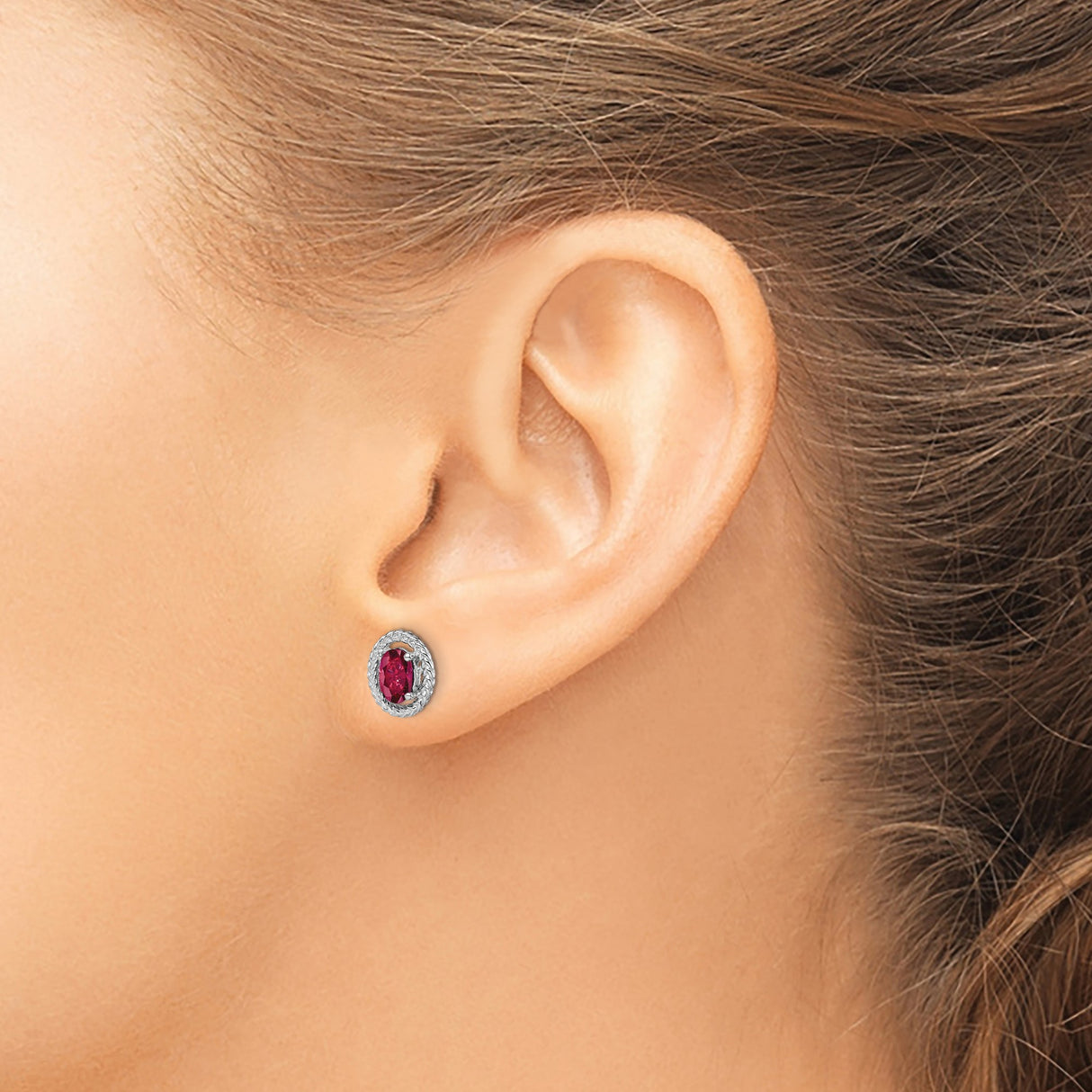 Sterling Silver Stud Earrings with Created Ruby, Oval Shape, Braided Rope Design