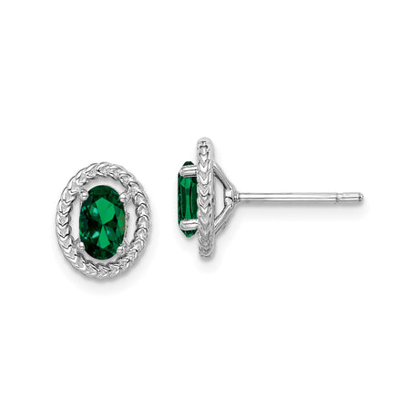Sterling Silver Stud Earrings with Created Emerald, Braided Oval Frame, Vintage Inspired Design