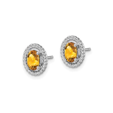 Sterling Silver Oval Stud Earrings with Citrine in Braided Rope Halo Setting
