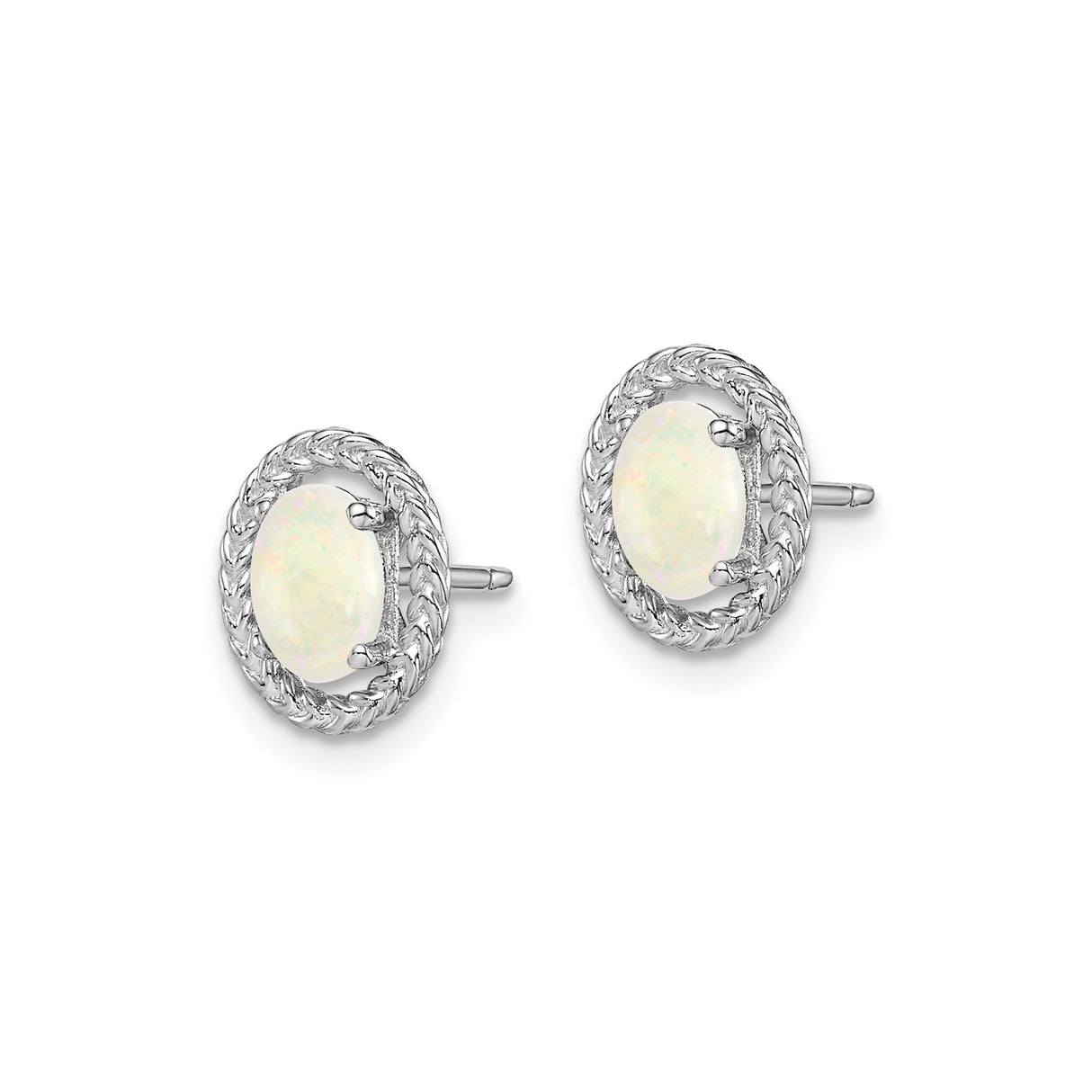 Sterling Silver Oval Stud Earrings with White Opal in Braided Rope Bezel Setting