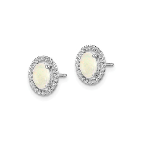 Sterling Silver Oval Stud Earrings with White Opal in Braided Rope Bezel Setting
