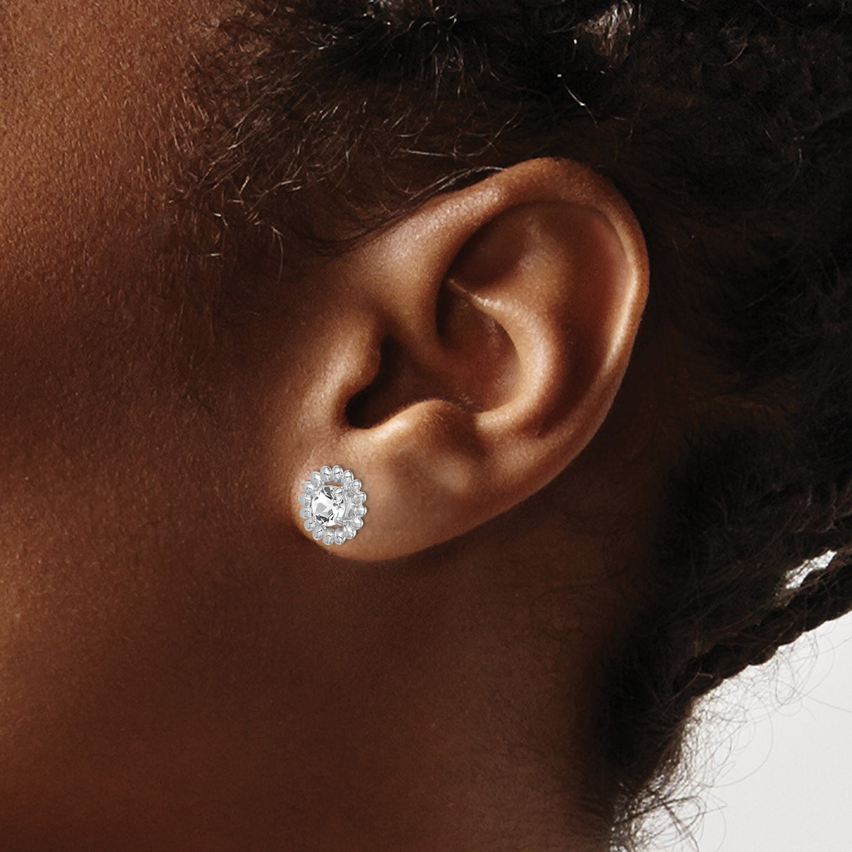 Sterling Silver Stud Earrings with Square White Topaz and Beaded Floral Halo Design