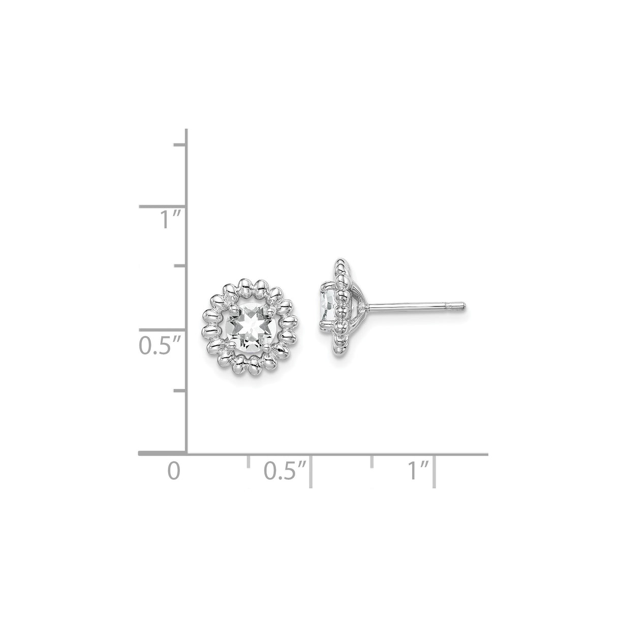 Sterling Silver Stud Earrings with Square White Topaz and Beaded Floral Halo Design