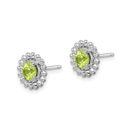 Sterling Silver Stud Earrings with Peridot in Round Faceted Beaded Halo Floral Design
