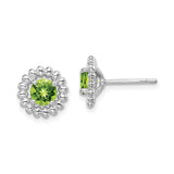 Sterling Silver Stud Earrings with Peridot in Round Faceted Beaded Halo Floral Design